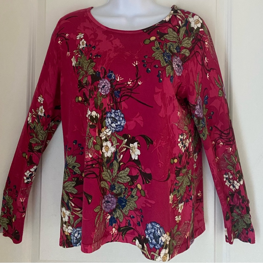 Chicos Sweater Womens Sz 1P Pink Floral Pullover Round Neck Long Sleeve Casual